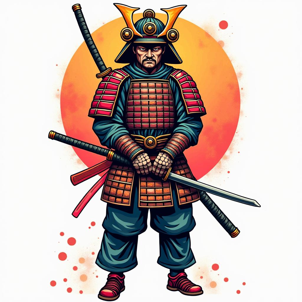 Samurai with a katanain pop art style tattoo, featuring bold and vibrant colors, exaggerated outlines, iconic imagery, inspired by comic books and speech bubbles, comic book characters, retro pop culture - Variation 3