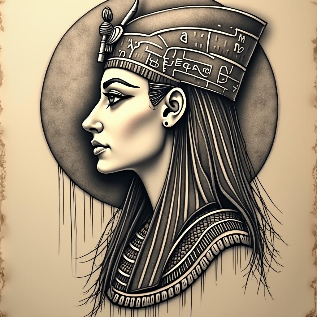 Lunain egyptian style tattoo, bold elements of ancient egyptian culture including a portrait of an Egyptian pharaoh with detailed facial features, in hieroglyphs and symbolic imagery, eye of horus, ankh symbol, scarab beetle