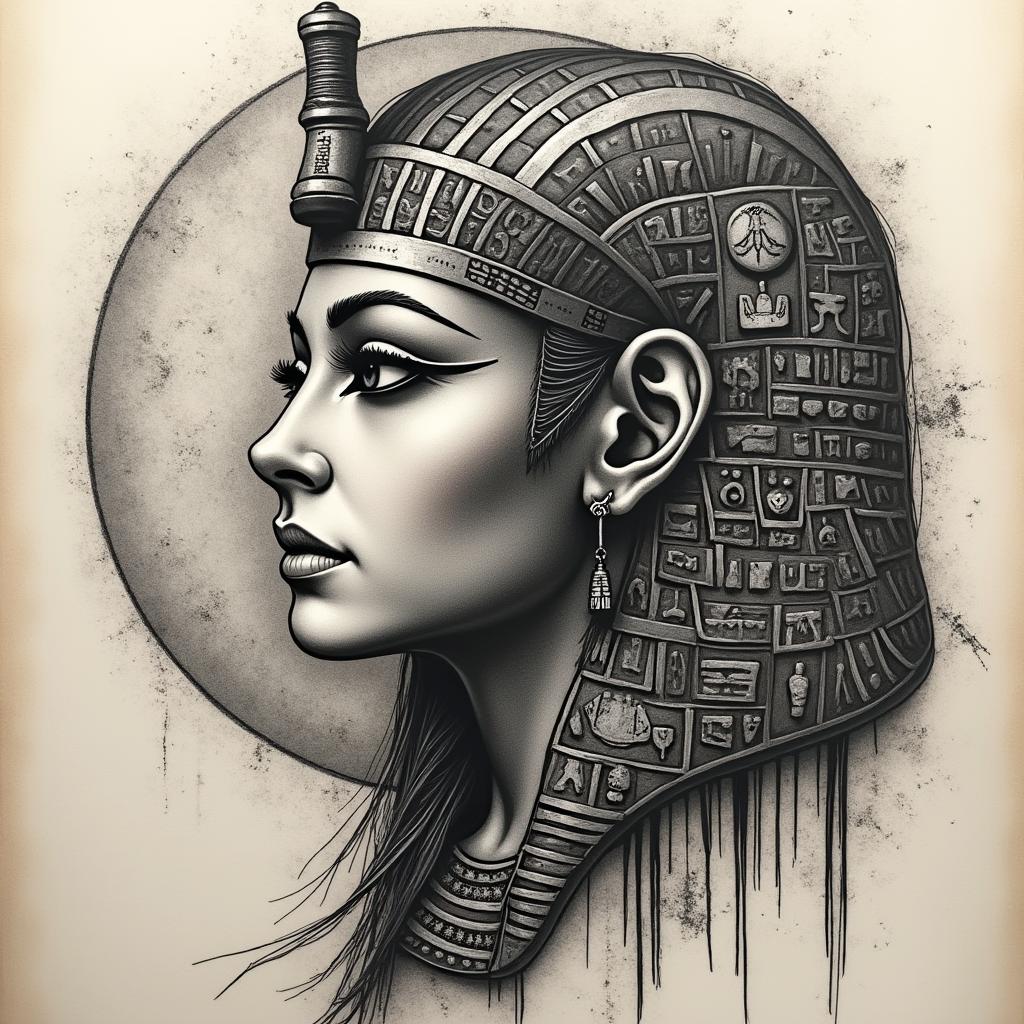 Lunain egyptian style tattoo, bold elements of ancient egyptian culture including a portrait of an Egyptian pharaoh with detailed facial features, in hieroglyphs and symbolic imagery, eye of horus, ankh symbol, scarab beetle - Variation 4