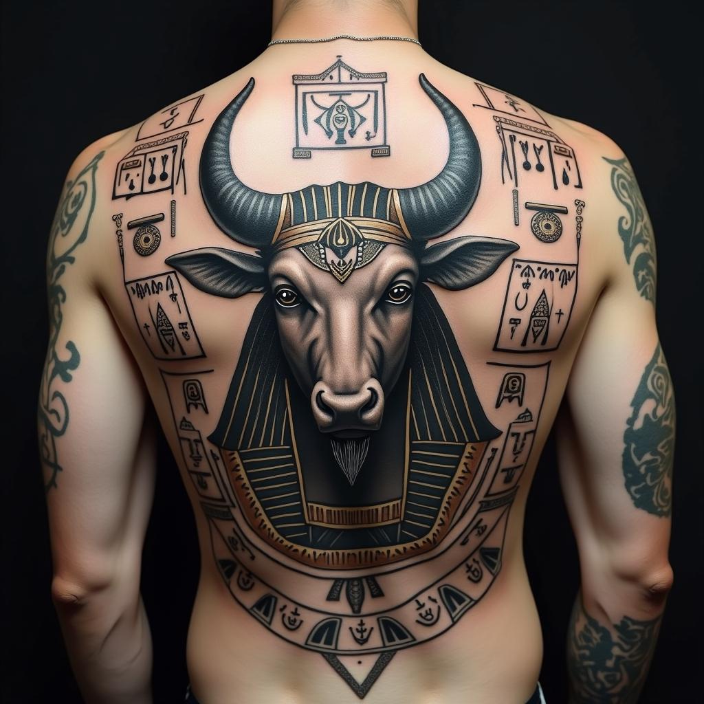 Taurus bullin egyptian style tattoo, bold elements of ancient egyptian culture including a portrait of an Egyptian pharaoh with detailed facial features, in hieroglyphs and symbolic imagery, eye of horus, ankh symbol, scarab beetle - Variation 3