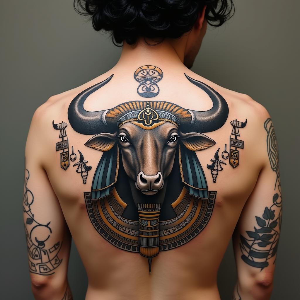 Taurus bullin egyptian style tattoo, bold elements of ancient egyptian culture including a portrait of an Egyptian pharaoh with detailed facial features, in hieroglyphs and symbolic imagery, eye of horus, ankh symbol, scarab beetle - Variation 4