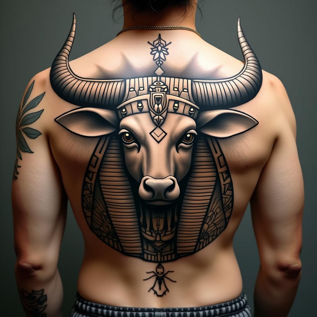 Taurus bullin egyptian style tattoo, bold elements of ancient egyptian culture including a portrait of an Egyptian pharaoh with detailed facial features, in hieroglyphs and symbolic imagery, eye of horus, ankh symbol, scarab beetle - Variation 2