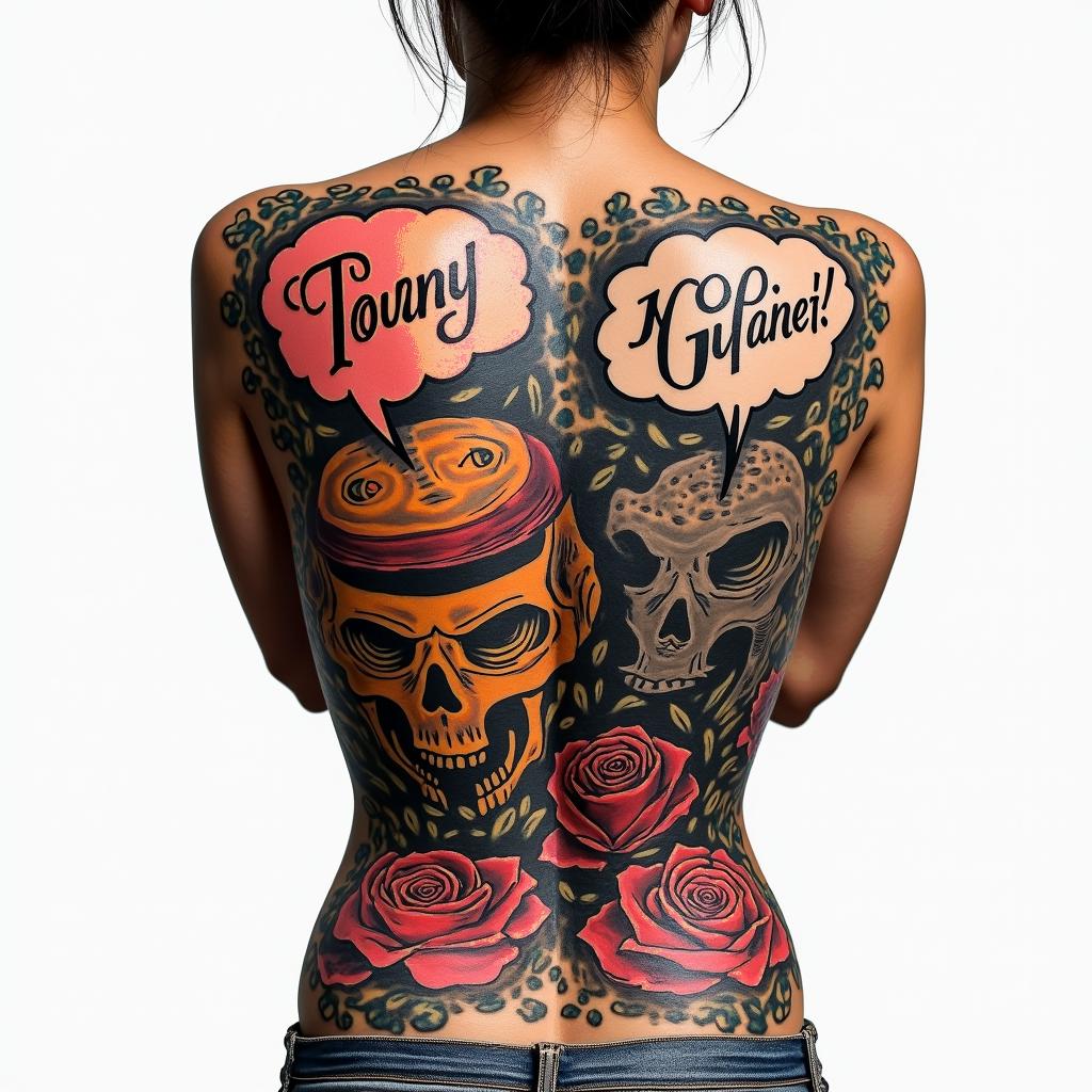 Lower back tattooin pop art style tattoo, featuring bold and vibrant colors, exaggerated outlines, iconic imagery, inspired by comic books and speech bubbles, comic book characters, retro pop culture