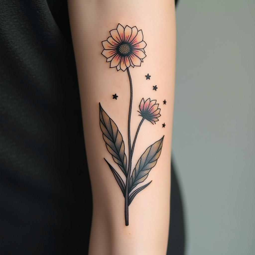 Dandelion blowing awayin minimalist style tattoo, featuring simple shapes and fine lines, with minimal shading and details, tiny triangles, creating a sense of balance and harmony - Variation 3
