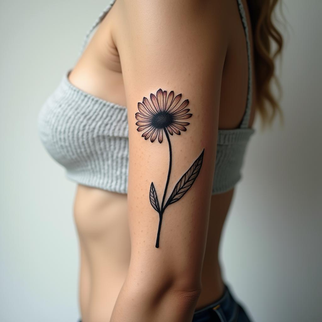 Dandelion blowing awayin minimalist style tattoo, featuring simple shapes and fine lines, with minimal shading and details, tiny triangles, creating a sense of balance and harmony
