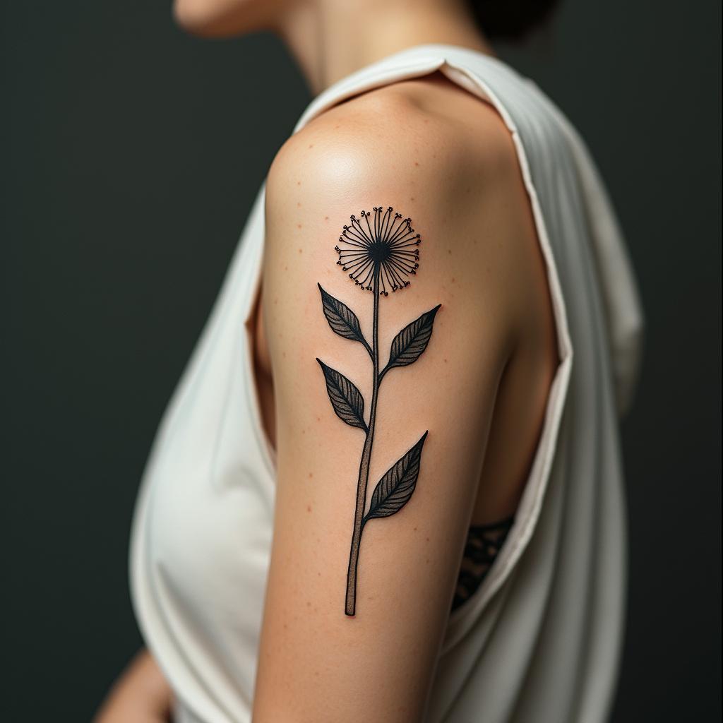 Dandelion blowing awayin minimalist style tattoo, featuring simple shapes and fine lines, with minimal shading and details, tiny triangles, creating a sense of balance and harmony - Variation 2