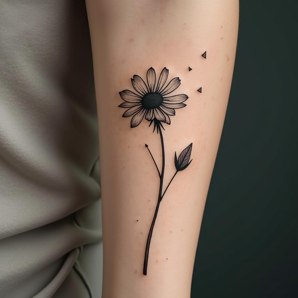 Dandelion blowing awayin minimalist style tattoo, featuring simple shapes and fine lines, with minimal shading and details, tiny triangles, creating a sense of balance and harmony - Variation 4