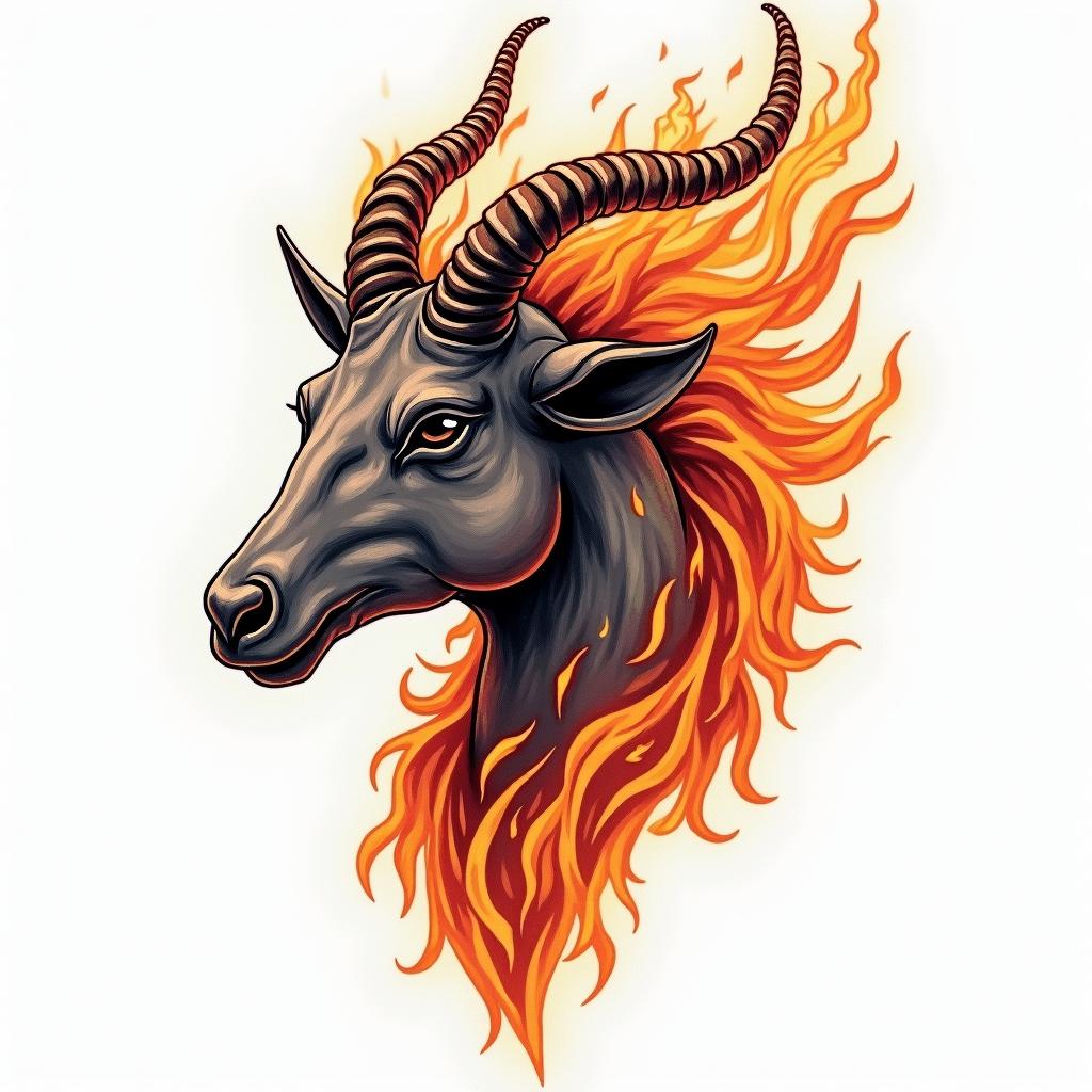 Chips Capricorn in flame tattoo style showcasing fiery elements with dynamic flame patterns, glowing effect of flames, natural colors - Variation 3