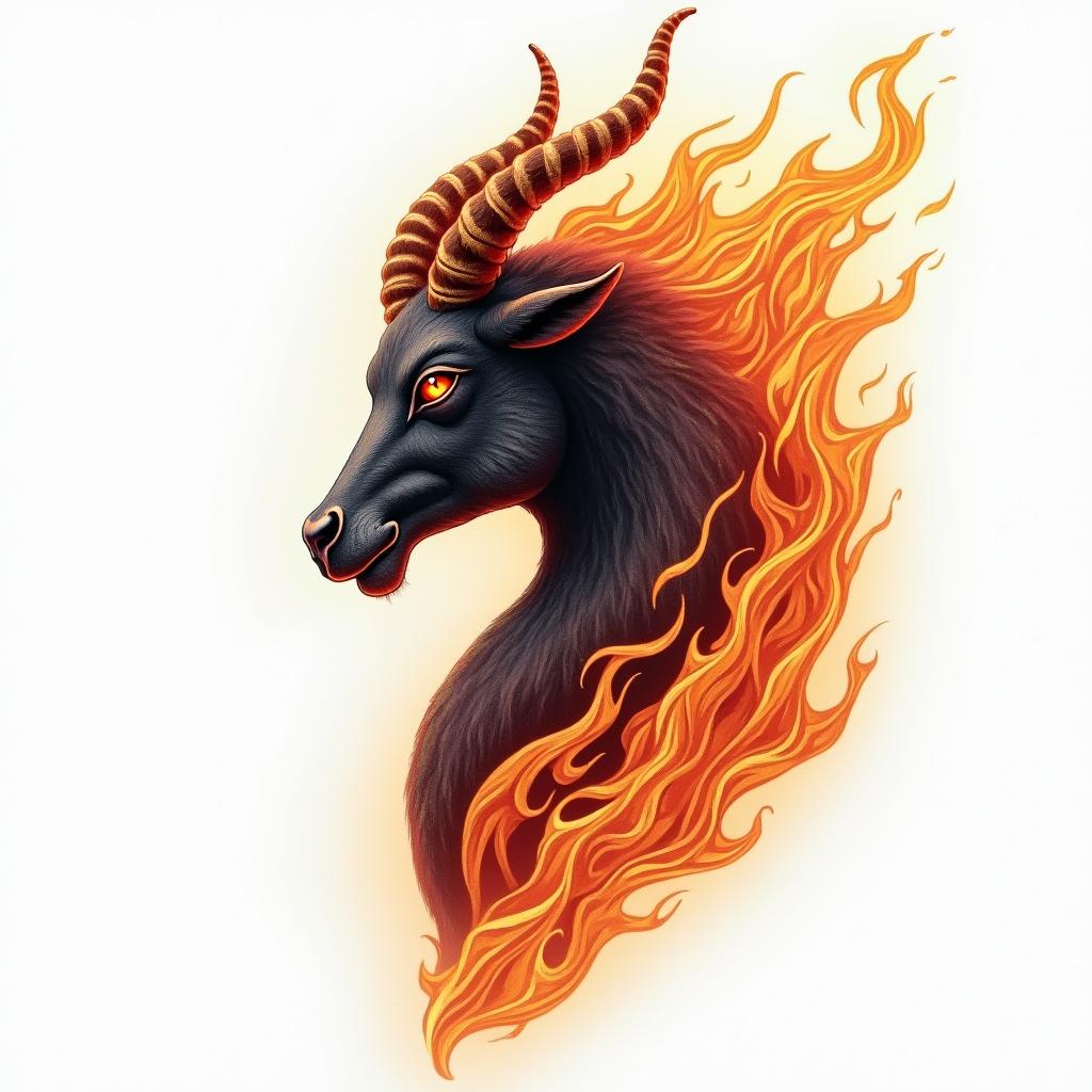 Chips Capricorn in flame tattoo style showcasing fiery elements with dynamic flame patterns, glowing effect of flames, natural colors