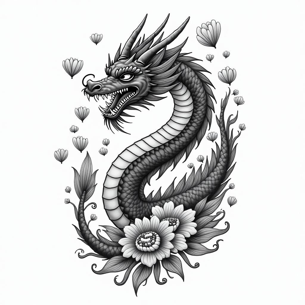 SAKURA COVERED DRAGON SPITTING HEARTS AND PETAL FLAME FLOWERS  PROTECTING A  COWin japanese style tattoo, detailed tattoo, traditional japanese culture tattoo, mythology, 8k - Variation 2