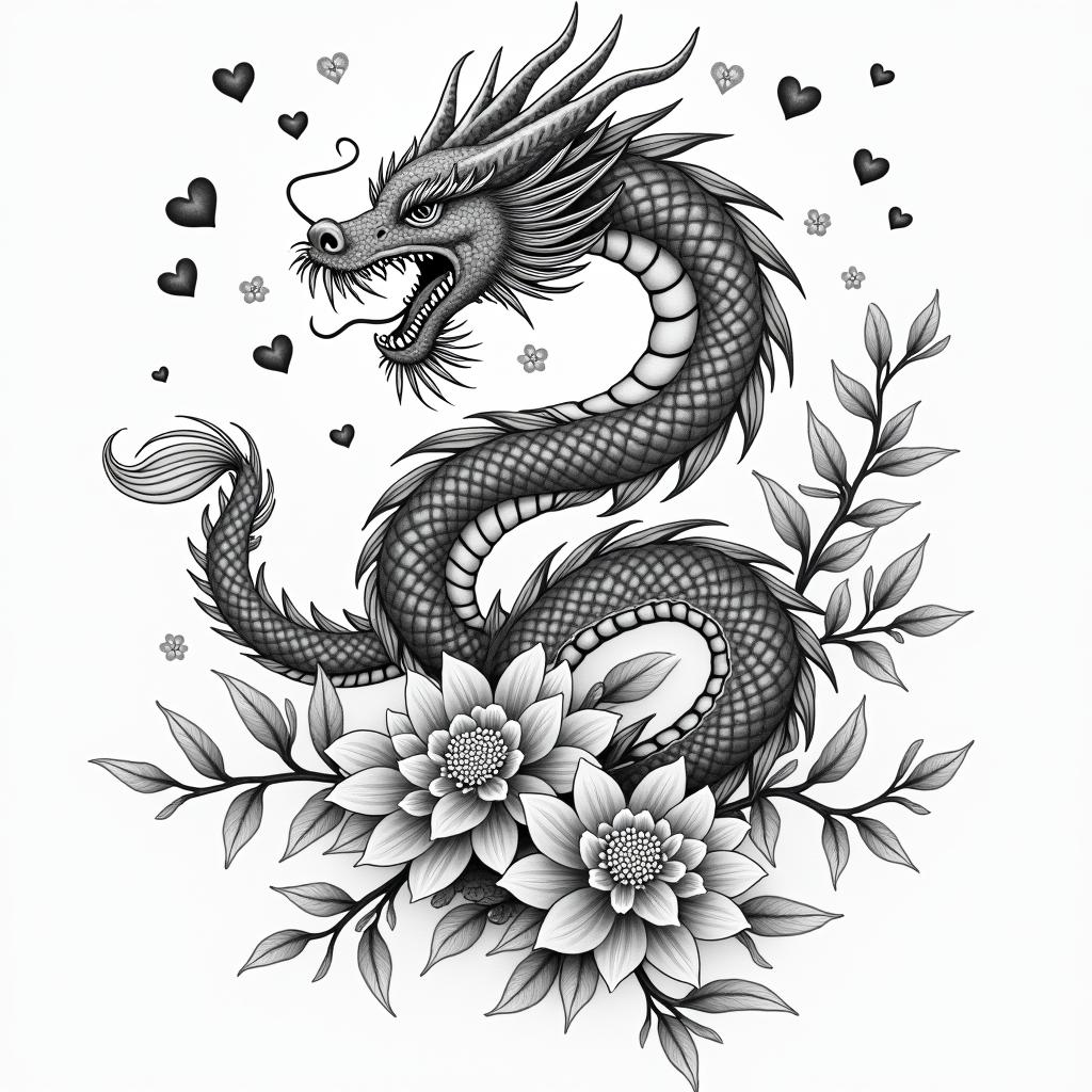 SAKURA COVERED DRAGON SPITTING HEARTS AND PETAL FLAME FLOWERS  PROTECTING A  COWin japanese style tattoo, detailed tattoo, traditional japanese culture tattoo, mythology, 8k - Variation 3