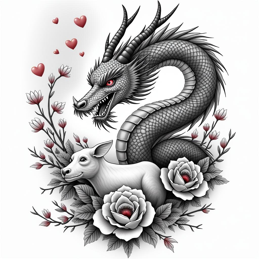 SAKURA COVERED DRAGON SPITTING HEARTS AND PETAL FLAME FLOWERS  PROTECTING A  COWin japanese style tattoo, detailed tattoo, traditional japanese culture tattoo, mythology, 8k - Variation 4