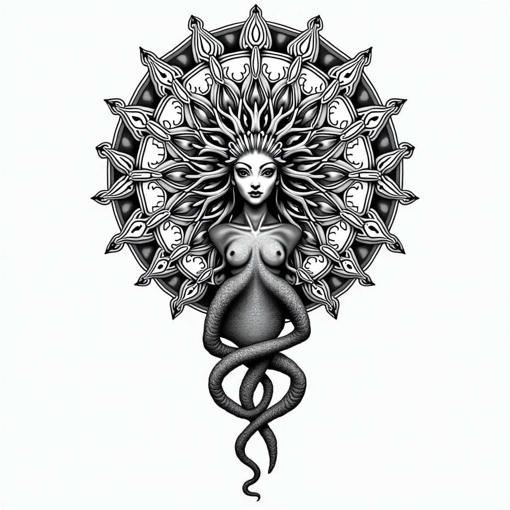 medusa, Greek mythologyin dotwork style tattoo, complex mandala patterns, interlocking geometric shapes with sharp symmetry, clean lines, sharp angles - Variation 2