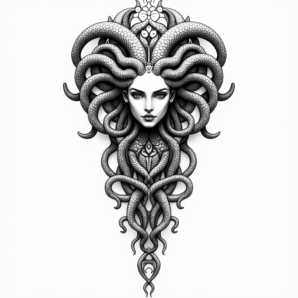 medusa, Greek mythologyin dotwork style tattoo, complex mandala patterns, interlocking geometric shapes with sharp symmetry, clean lines, sharp angles - Variation 3