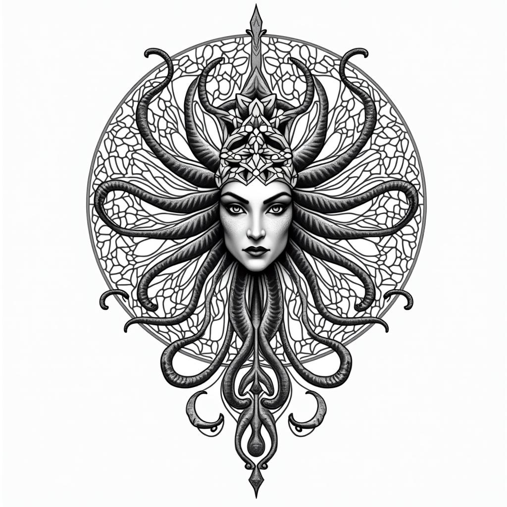 medusa, Greek mythologyin dotwork style tattoo, complex mandala patterns, interlocking geometric shapes with sharp symmetry, clean lines, sharp angles - Variation 4