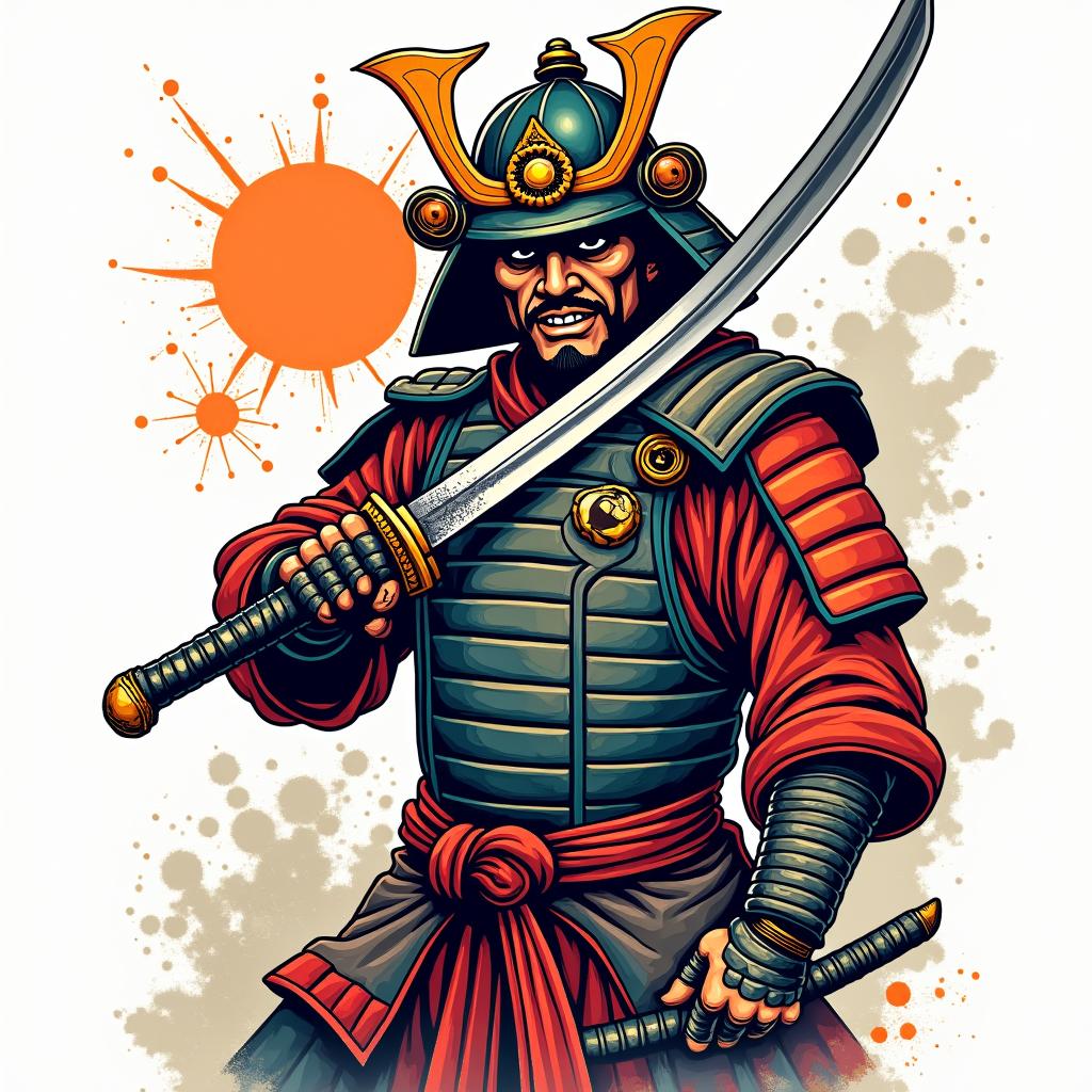 Samurai with a katanain pop art style tattoo, featuring bold and vibrant colors, exaggerated outlines, iconic imagery, inspired by comic books and speech bubbles, comic book characters, retro pop culture - Variation 2