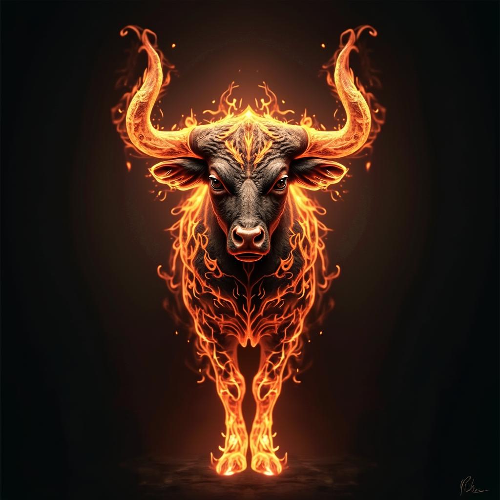 Taurus bullin flame tattoo style showcasing fiery elements with dynamic flame patterns, glowing effect of flames, natural colors