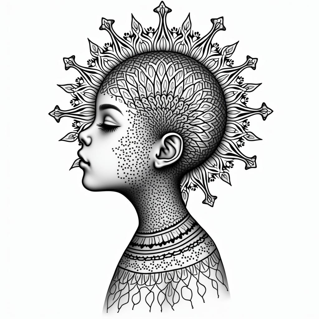 Children, hakunamatata, philosophy, music, empathyin dotwork style tattoo, complex mandala patterns, interlocking geometric shapes with sharp symmetry, clean lines, sharp angles - Variation 2