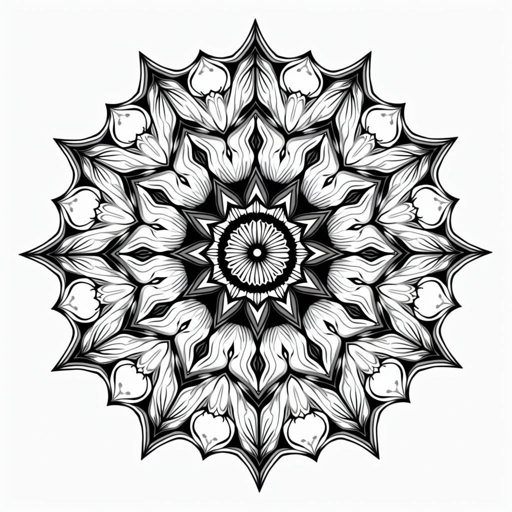 Children, hakunamatata, philosophy, music, empathyin dotwork style tattoo, complex mandala patterns, interlocking geometric shapes with sharp symmetry, clean lines, sharp angles - Variation 4