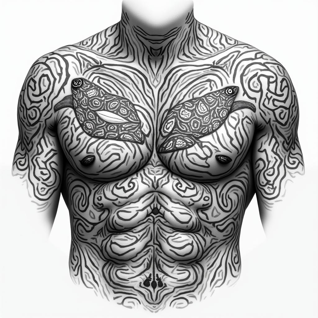 Create a traditional Polynesian tattoo on the chest with a turtle on the left pec and a shark on the right pec. Add waves and traditional Polynesian ornaments.higly detailed tattoo - Variation 3