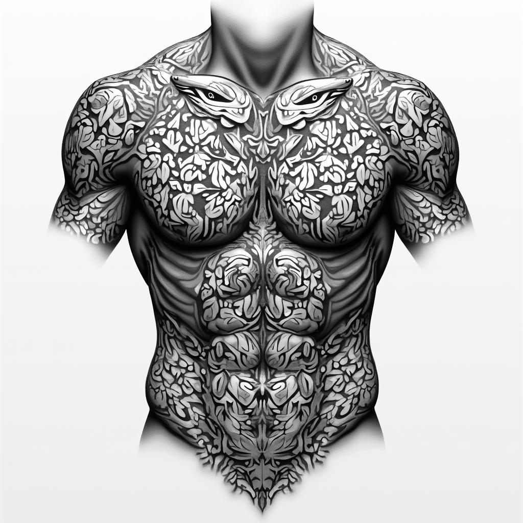 Create a traditional Polynesian tattoo on the chest with a turtle on the left pec and a shark on the right pec. Add waves and traditional Polynesian ornaments.higly detailed tattoo - Variation 2