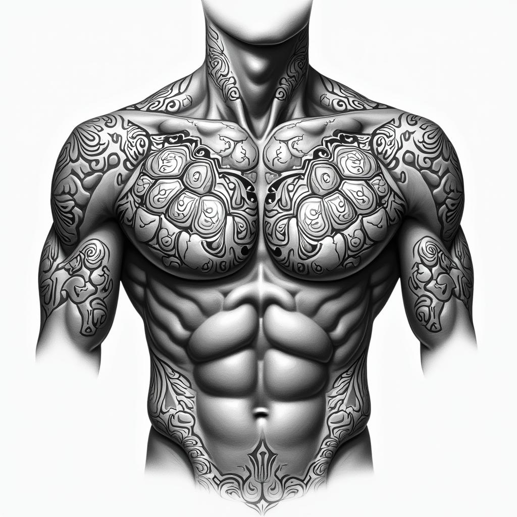 Create a traditional Polynesian tattoo on the chest with a turtle on the left pec and a shark on the right pec. Add waves and traditional Polynesian ornaments.higly detailed tattoo