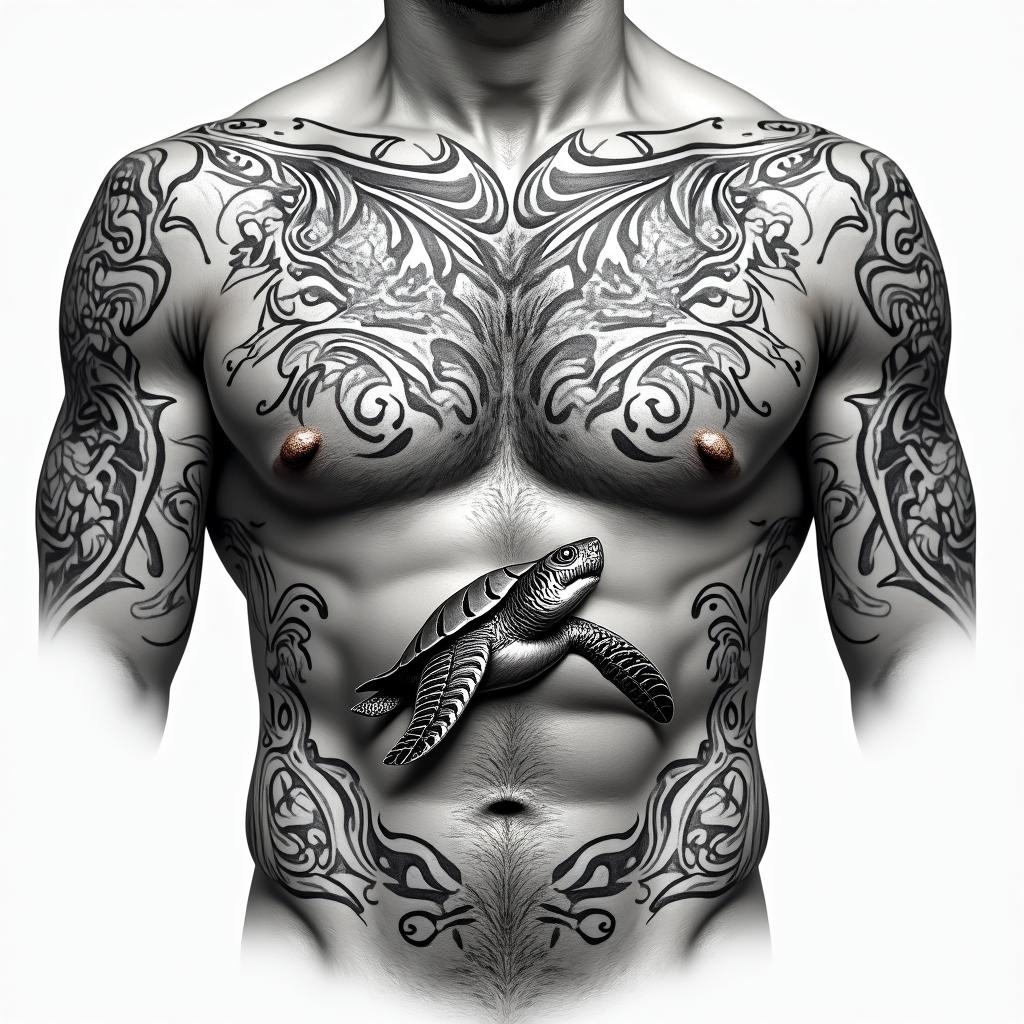 Create a traditional Polynesian tattoo on the chest with a turtle on the left pec and a shark on the right pec. Add waves and traditional Polynesian ornaments.higly detailed tattoo - Variation 4