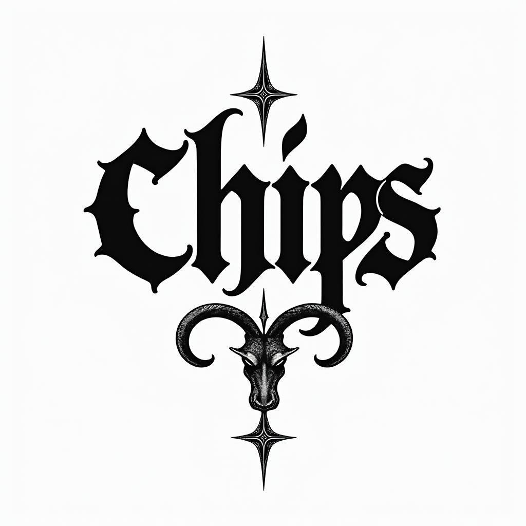 Chips Capricorntext-based tattoo, gothic font ultra-realistic, perfectly placed, high-quality font design, photo-realistic shading, 8k, high quality, finely detailed typography - Variation 1