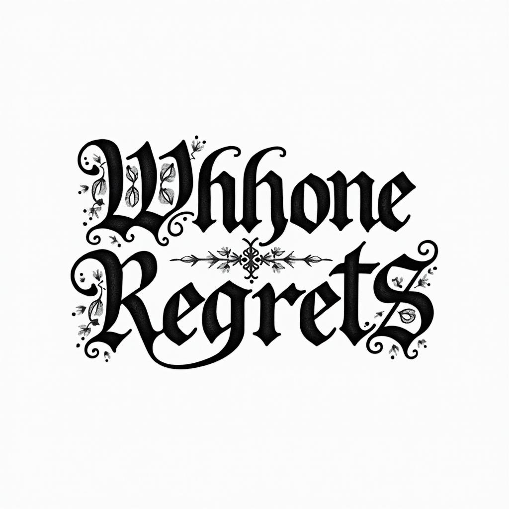 Without regretstext-based tattoo, gothic font ultra-realistic, perfectly placed, high-quality font design, photo-realistic shading, 8k, high quality, finely detailed typography - Variation 2