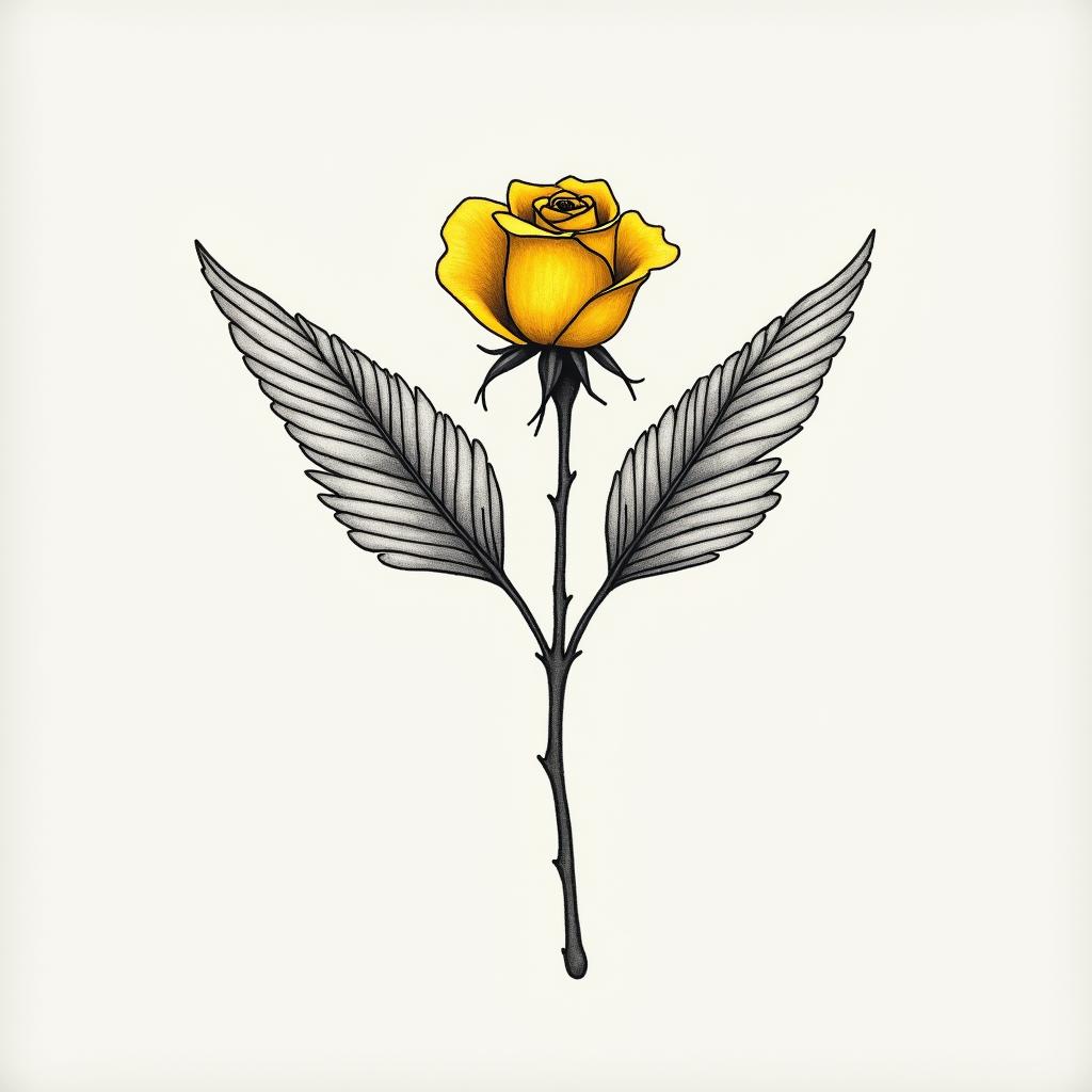 Yellow rose with angle wings displayed on the side of body. Rose vertical; wings vertical and sidewaysin minimalist style tattoo, featuring simple shapes and fine lines, with minimal shading and details, tiny triangles, creating a sense of balance and harmony - Variation 3