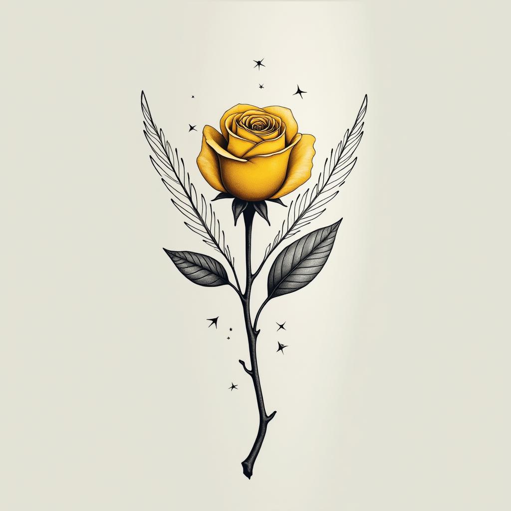 Yellow rose with angle wings displayed on the side of body. Rose vertical; wings vertical and sidewaysin minimalist style tattoo, featuring simple shapes and fine lines, with minimal shading and details, tiny triangles, creating a sense of balance and harmony