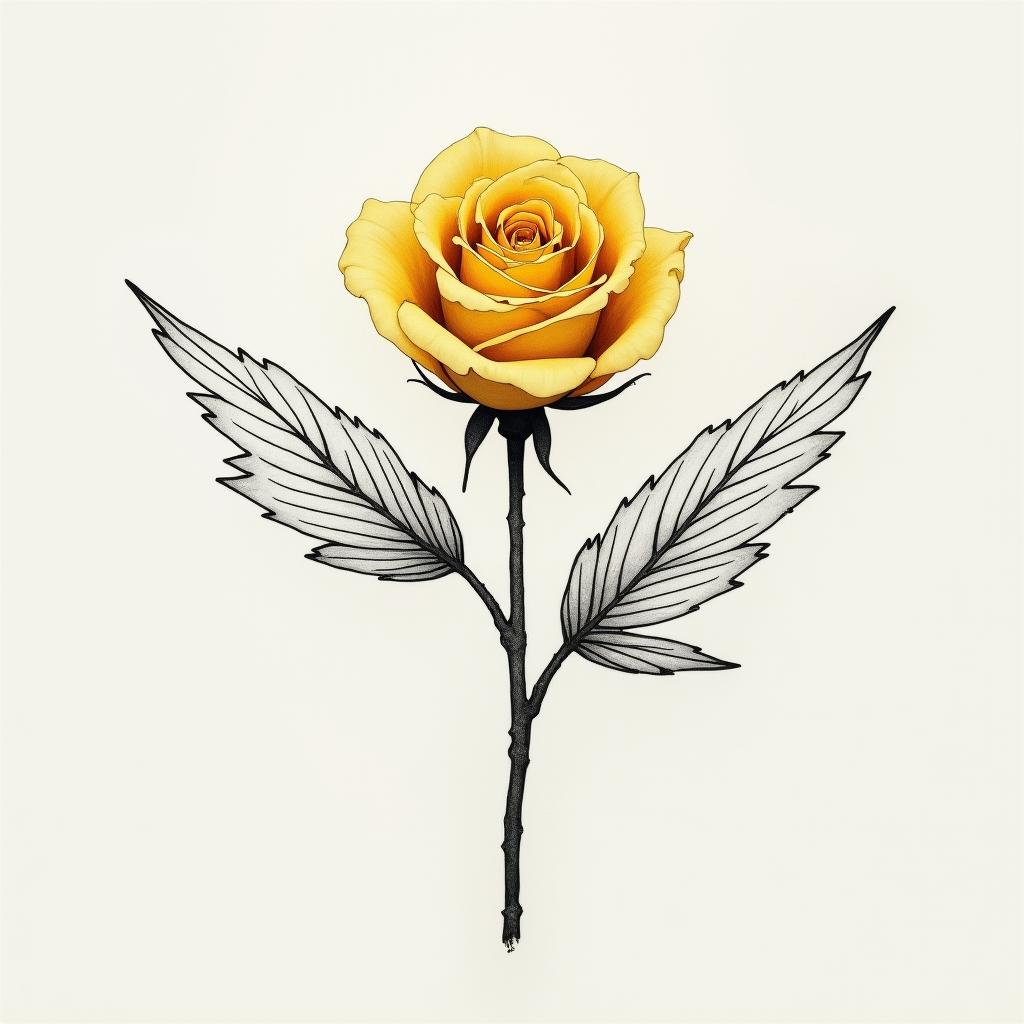 Yellow rose with angle wings displayed on the side of body. Rose vertical; wings vertical and sidewaysin minimalist style tattoo, featuring simple shapes and fine lines, with minimal shading and details, tiny triangles, creating a sense of balance and harmony - Variation 4