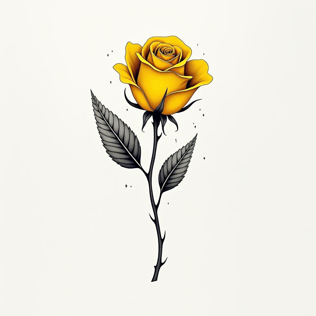 Yellow rose with angle wings displayed on the side of body. Rose vertical; wings vertical and sidewaysin minimalist style tattoo, featuring simple shapes and fine lines, with minimal shading and details, tiny triangles, creating a sense of balance and harmony - Variation 2