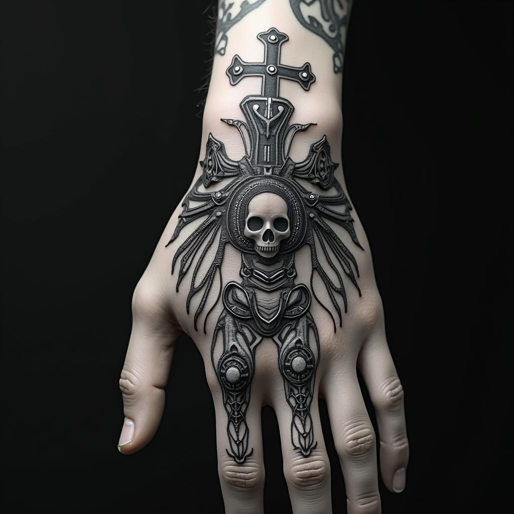 Mandrake with a crosstattoo in biomechanic style, the tattoo covered by robotic elements of futuristic cyberpunk design, robotic features detail, showcasing intricate mechanical components