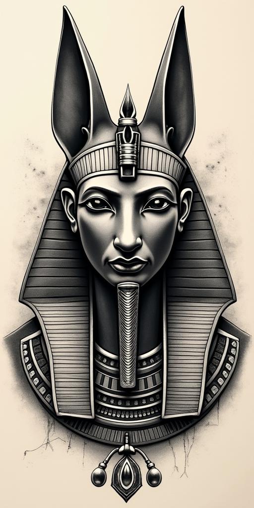 Anubis plus Egyptian scarab beetlein egyptian style tattoo, bold elements of ancient egyptian culture including a portrait of an Egyptian pharaoh with detailed facial features, in hieroglyphs and symbolic imagery, eye of horus, ankh symbol, scarab beetle - Variation 6