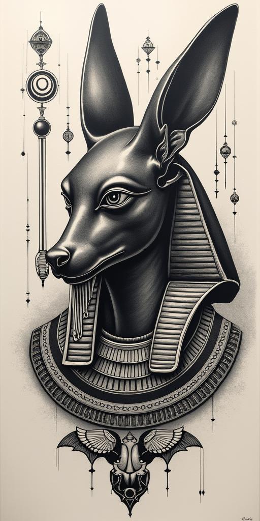 Anubis plus Egyptian scarab beetlein egyptian style tattoo, bold elements of ancient egyptian culture including a portrait of an Egyptian pharaoh with detailed facial features, in hieroglyphs and symbolic imagery, eye of horus, ankh symbol, scarab beetle - Variation 5