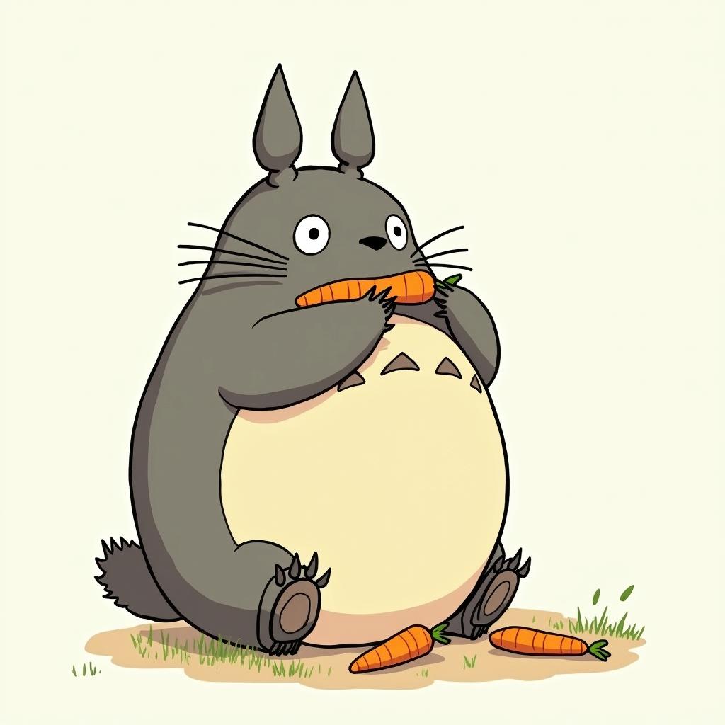 Totoro shoving carrots in his assGhibli, Studio Ghibli aesthetic, hand-drawn anime style, retro nostalgic atmosphere, retro soft pastel color palette with earthy tones, retro Japanese cinematic shot, yellow tint effect, bald character, smooth surface, anime shadow 90's anime style - Variation 4