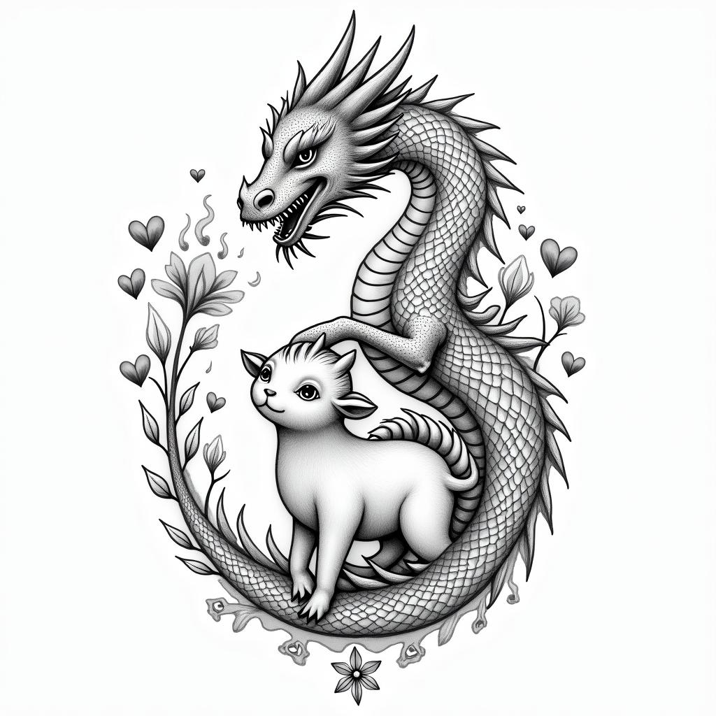 Cherry blossom COVERED DRAGON SPITTING HEARTS AND PETAL FLAME FLOWERS PROTECTING A BABY COWin spiritual symbols tattoo style, featuring an intricate design incorporating elements, Hamsa hand, third eye, minimalist composition - Variation 3