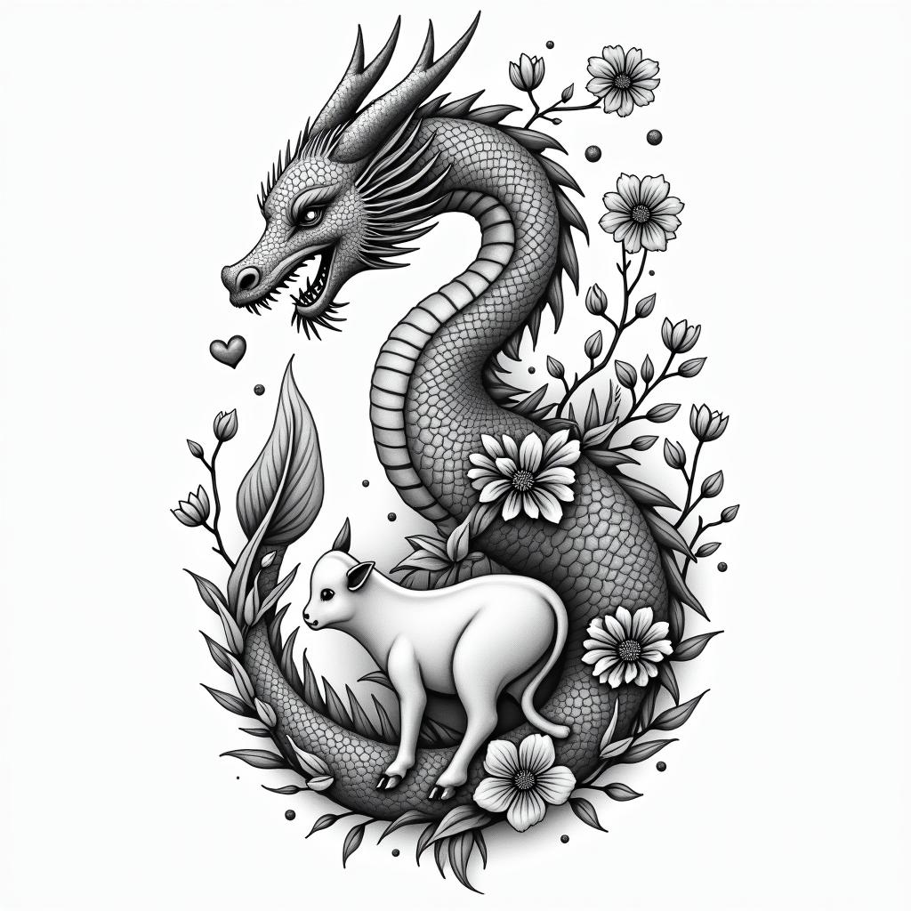 Cherry blossom COVERED DRAGON SPITTING HEARTS AND PETAL FLAME FLOWERS PROTECTING A BABY COWin spiritual symbols tattoo style, featuring an intricate design incorporating elements, Hamsa hand, third eye, minimalist composition - Variation 2