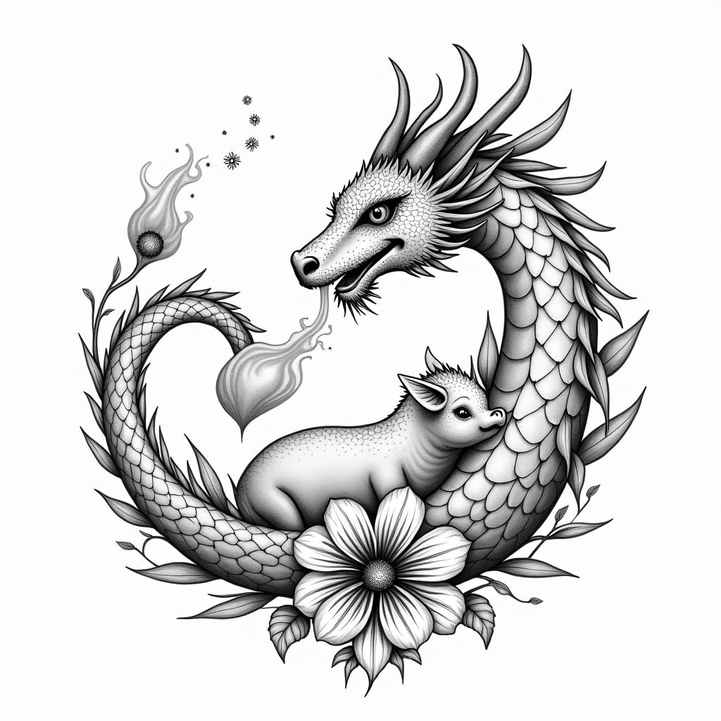 Cherry blossom COVERED DRAGON SPITTING HEARTS AND PETAL FLAME FLOWERS PROTECTING A BABY COWin spiritual symbols tattoo style, featuring an intricate design incorporating elements, Hamsa hand, third eye, minimalist composition - Variation 4