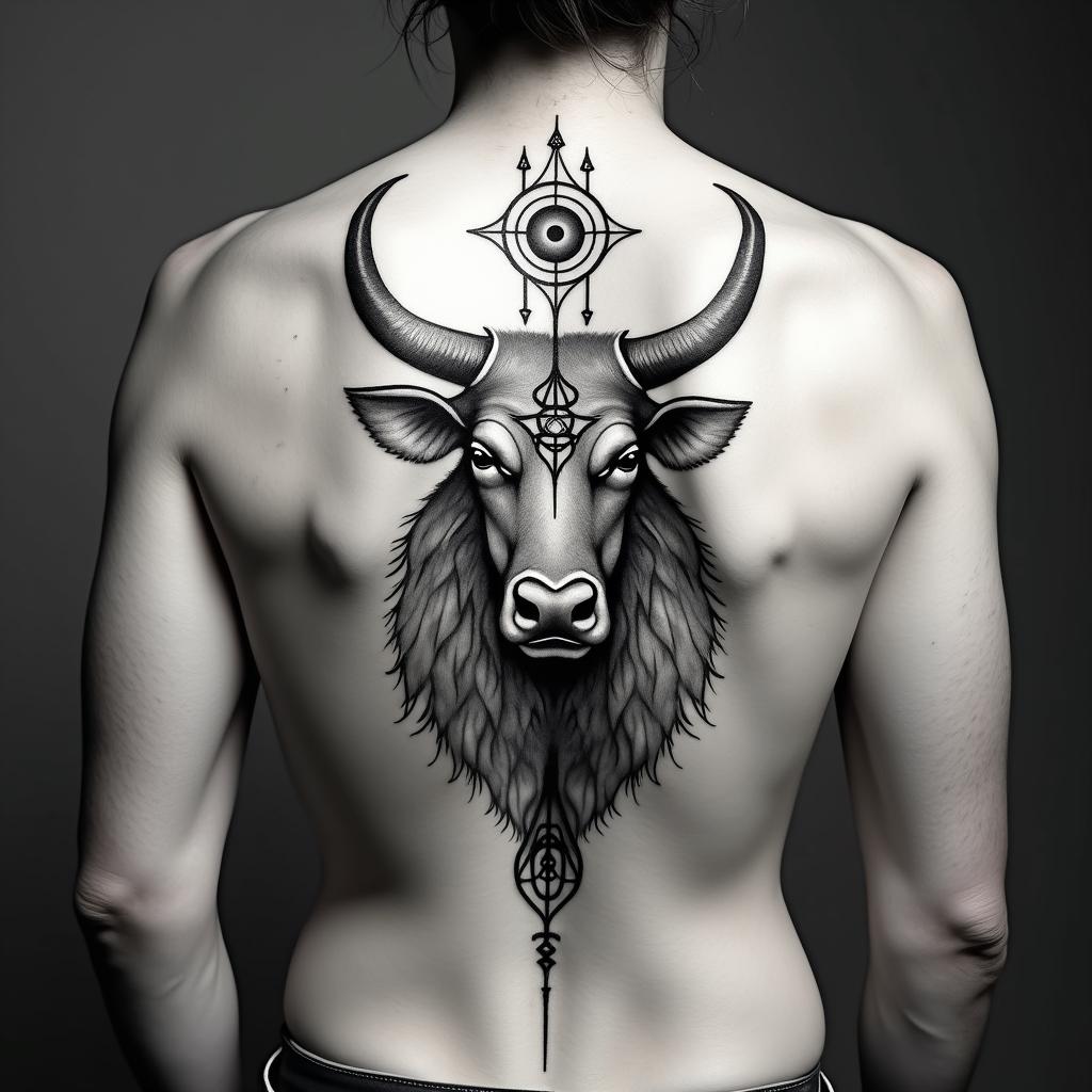 Taurus bullin spiritual symbols tattoo style, featuring an intricate design incorporating elements, Hamsa hand, third eye, minimalist composition - Variation 2