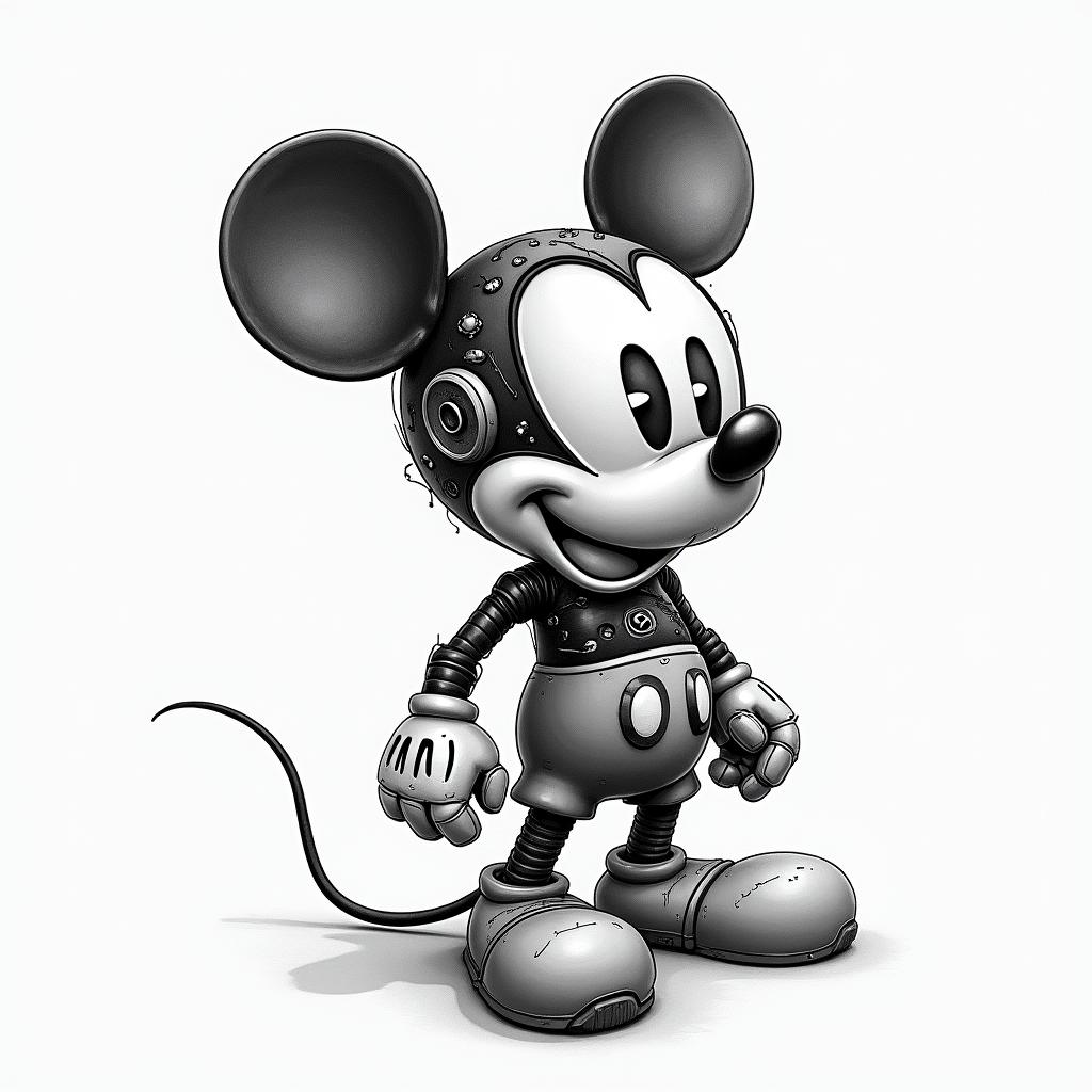 mickey mouse water coloredtattoo in biomechanic style, the tattoo covered by robotic elements of futuristic cyberpunk design, robotic features detail, showcasing intricate mechanical components - Variation 4