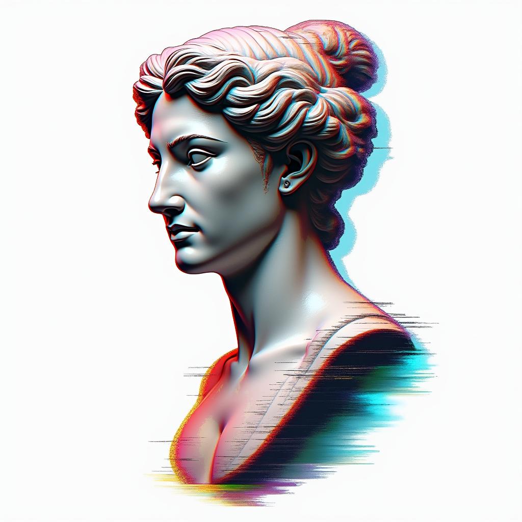 Chips Capricornin distorted and fragmented tattoo design, featuring a classical statue bust, in a glitch art style with vibrant, overlapping colors of cyan, magenta, and yellow, creating a digital distortion effect - Variation 3