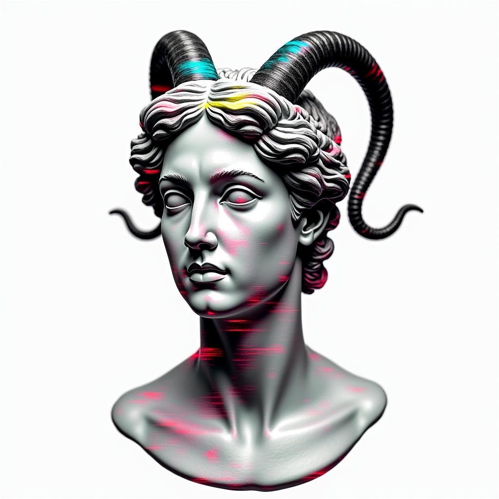 Chips Capricornin distorted and fragmented tattoo design, featuring a classical statue bust, in a glitch art style with vibrant, overlapping colors of cyan, magenta, and yellow, creating a digital distortion effect