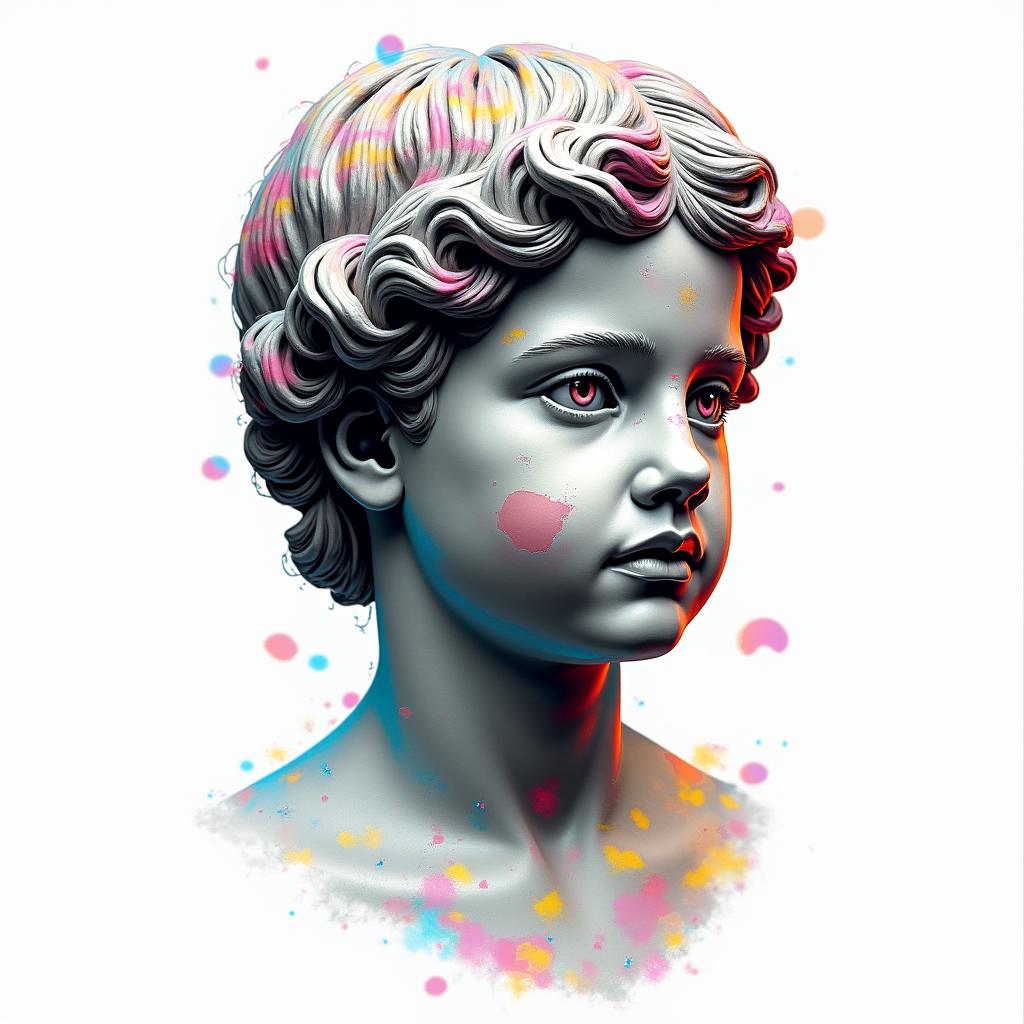 Children, hakunamatata, philosophy, music, empathyin distorted and fragmented tattoo design, featuring a classical statue bust, in a glitch art style with vibrant, overlapping colors of cyan, magenta, and yellow, creating a digital distortion effect