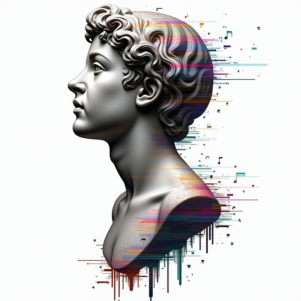 Children, hakunamatata, philosophy, music, empathyin distorted and fragmented tattoo design, featuring a classical statue bust, in a glitch art style with vibrant, overlapping colors of cyan, magenta, and yellow, creating a digital distortion effect - Variation 2