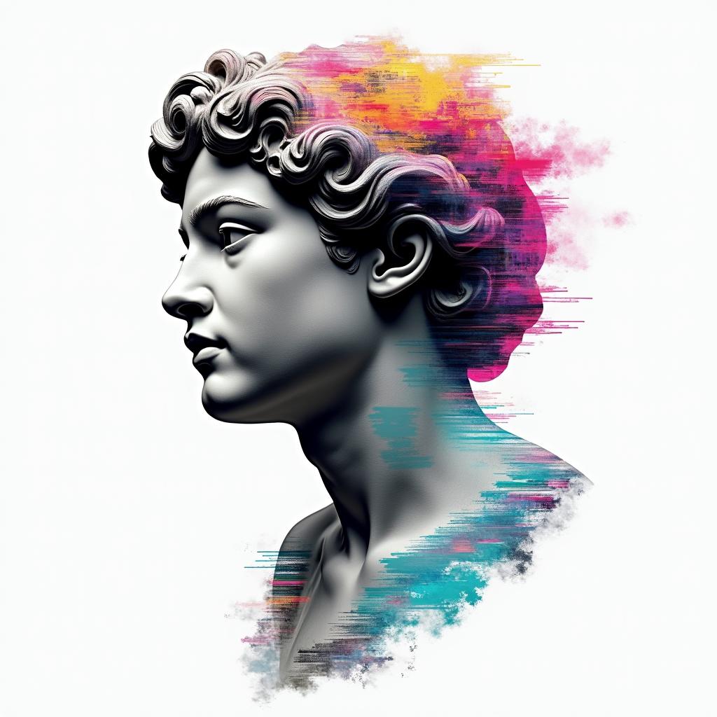 Children, hakunamatata, philosophy, music, empathyin distorted and fragmented tattoo design, featuring a classical statue bust, in a glitch art style with vibrant, overlapping colors of cyan, magenta, and yellow, creating a digital distortion effect - Variation 4