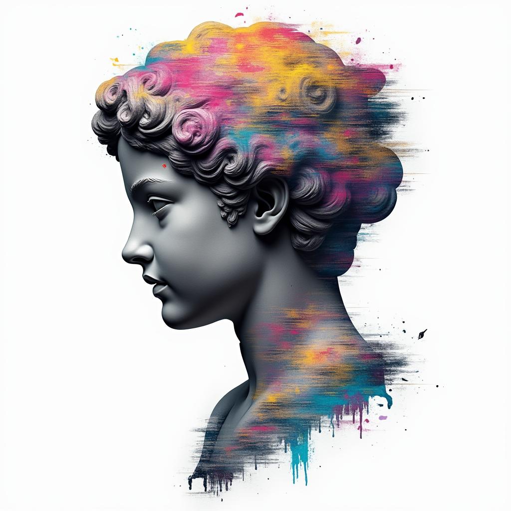 Children, hakunamatata, philosophy, music, empathyin distorted and fragmented tattoo design, featuring a classical statue bust, in a glitch art style with vibrant, overlapping colors of cyan, magenta, and yellow, creating a digital distortion effect - Variation 3
