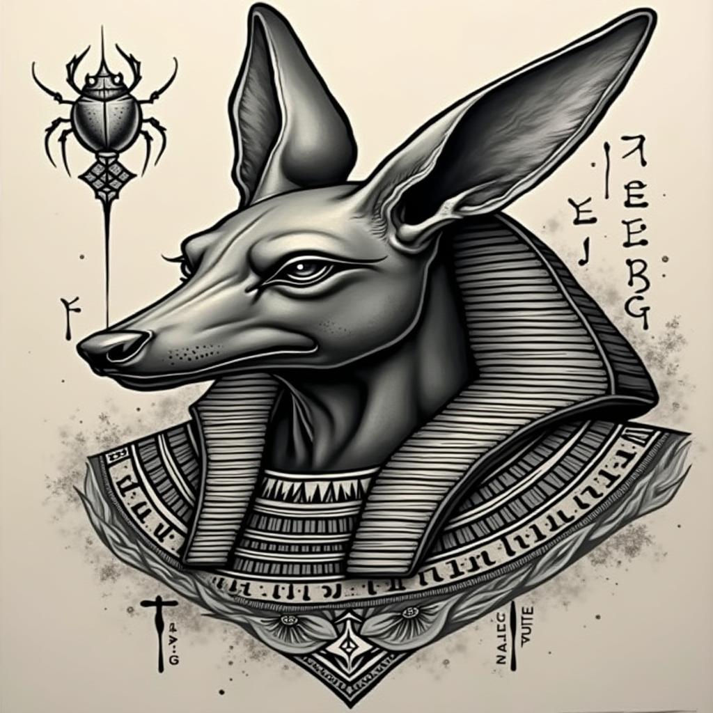 Anubis plus Egyptian scarab beetlein egyptian style tattoo, bold elements of ancient egyptian culture including a portrait of an Egyptian pharaoh with detailed facial features, in hieroglyphs and symbolic imagery, eye of horus, ankh symbol, scarab beetle - Variation 2