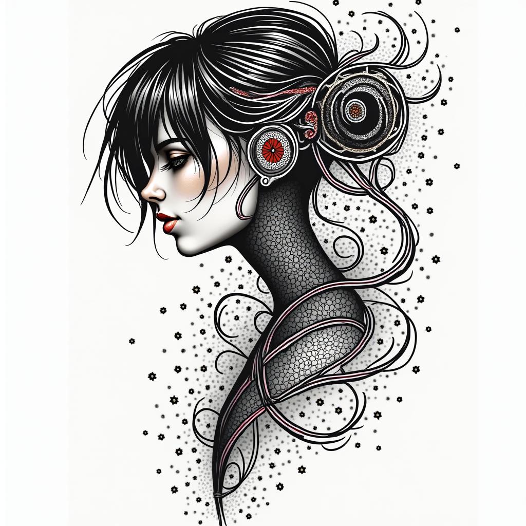 Futuristic cyberpunk girl with neon accentsin dotwork style tattoo, complex mandala patterns, interlocking geometric shapes with sharp symmetry, clean lines, sharp angles - Variation 2